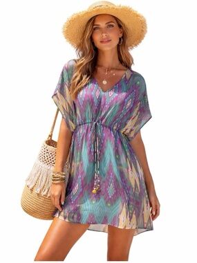 SILK FIGUE BOHO KAFTAN IKAT DIAMOND BEACH CITY DRESS